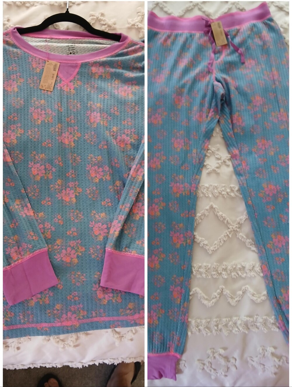 Natural Life Waffle Pajama Set NWT. Turquoise Boquets. Bottoms M. Top L. SO SOFT